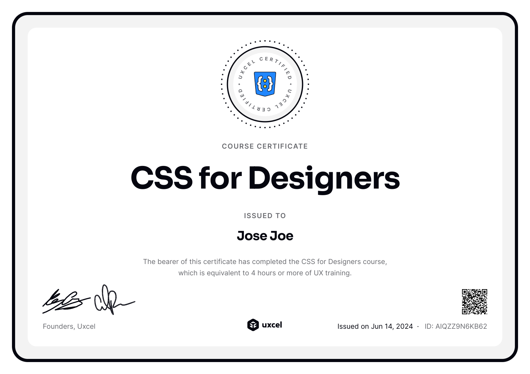 Jose Joe's certificate